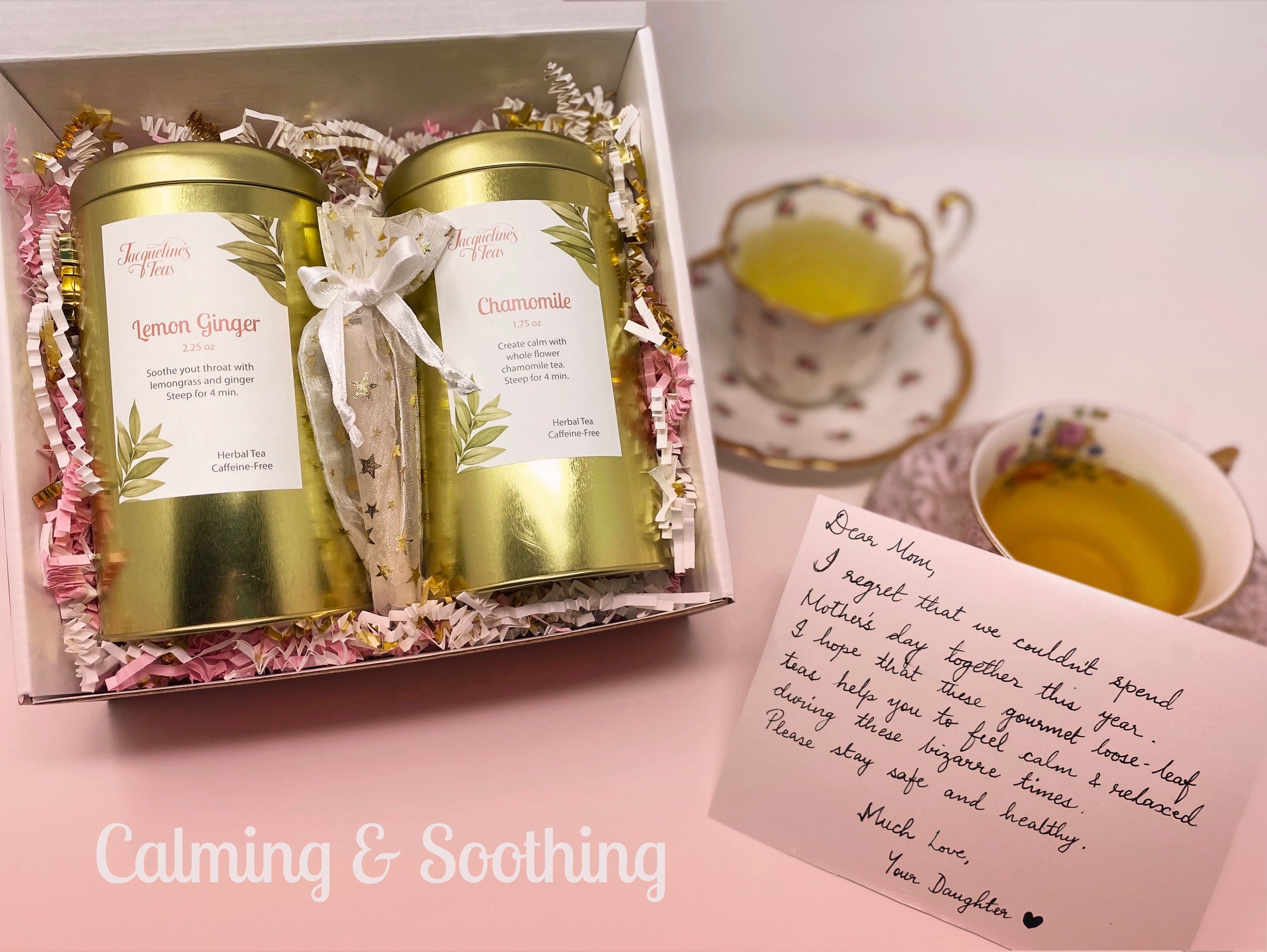 Calming and Soothing tea image depicts Lemon Ginger and Chamomile Tea in their box within their gift box along with tea filters and a custom note. The two teacups show what the teas look like once brewed. 