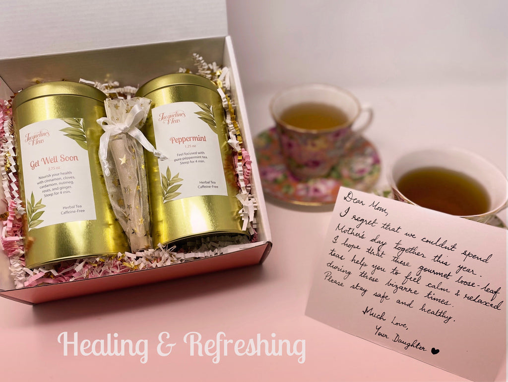 Healing and Refreshing tea image depicts Get Well Soon and Peppermint Tea in within their gift box along with tea filters and a custom note. The two teacups show what the teas look like once brewed. 